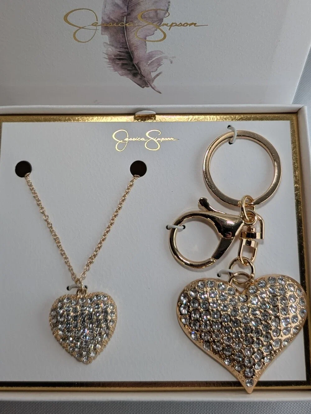 Jessica Simpson Rhinestone Heart Pendant Necklace And Purse Charm Keychain Set